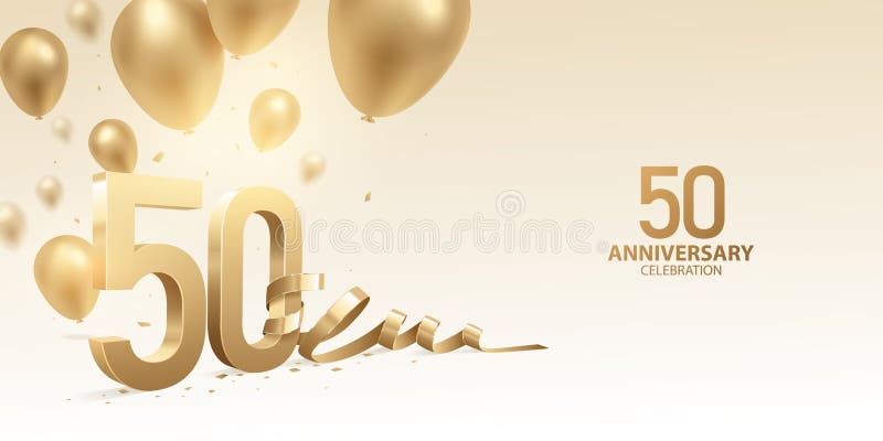 50th Anniversary celebration background. 3D Golden numbers with bent ribbon, confetti and balloons. 50th Anniversary celebration background. 3D Golden numbers with bent ribbon, confetti and balloons.