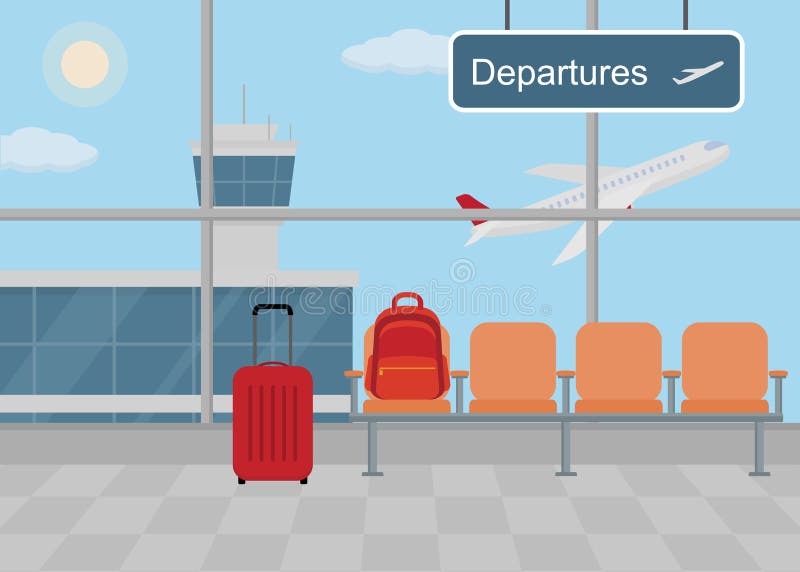 Hintergrund der Halle am Flughafen Warteraum mit Stühlen, Informationstafel und Gepäck lizenzfreie abbildung