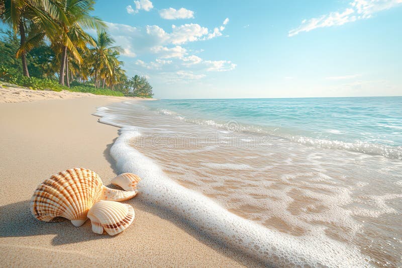 Hintergrund des tropischen Strandes. Goldene türkisfarbene Sandpalmen und ein gestufter Himmel sorgen für ein ruhiges Sommererlebn stockbild