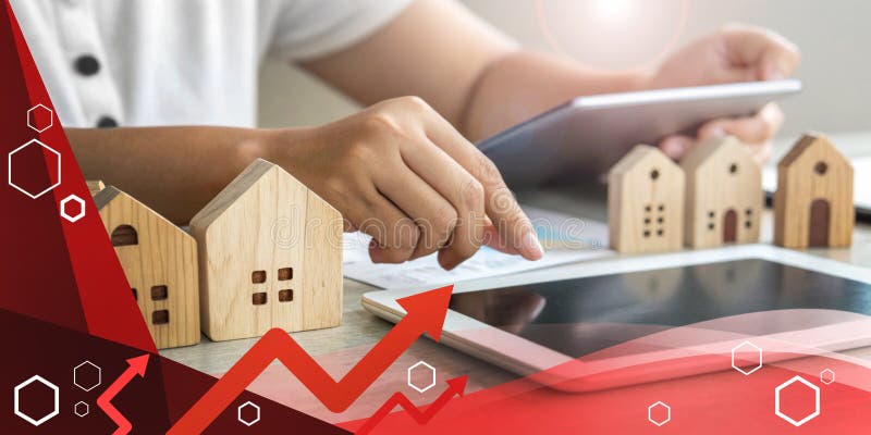 Hintergrund. Immobilieninvestitionsideen mit intelligenter Technologie und Analyse des zukünftigen Immobilienmarktes. Tablet lizenzfreies stockbild