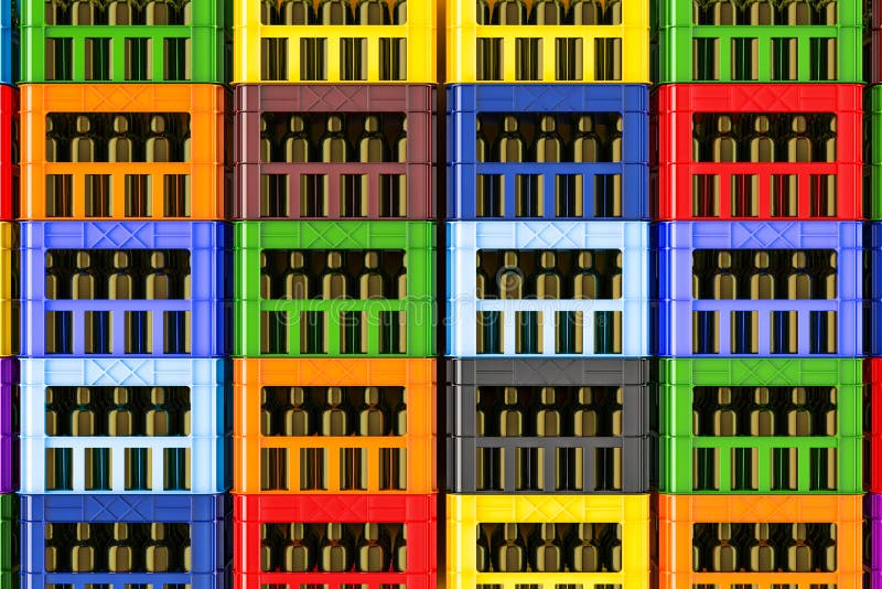 Hintergrund von den farbigen Plastikkisten voll von den Bierflaschen, 3d stock abbildung Hintergrund von den farbigen Plastikkisten voll von den Bierflaschen, 3d stock abbildung
