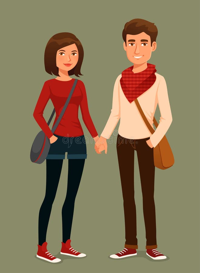 Cute Cartoon Couple, Young People in Love, Holding Hands Stock Vector