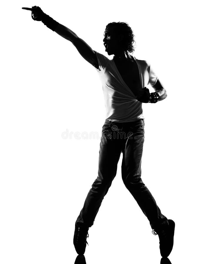 Full length silhouette of a young man dancer dancing funky hip hop r&b on isolated studio white background. Full length silhouette of a young man dancer dancing funky hip hop r&b on isolated studio white background