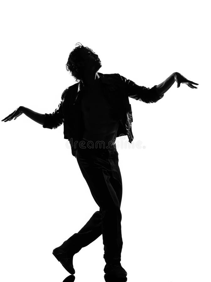 Full length silhouette of a young man dancer dancing funky hip hop r&b on isolated studio white background. Full length silhouette of a young man dancer dancing funky hip hop r&b on isolated studio white background