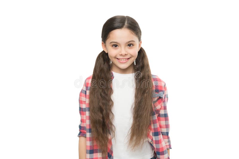 Hip and Stylish. Little Beauty Casual Style. Small Girl Isolated on White.  Kid Wear Checkered Shirt and Jeans Stock Image - Image of long, hair:  211783679