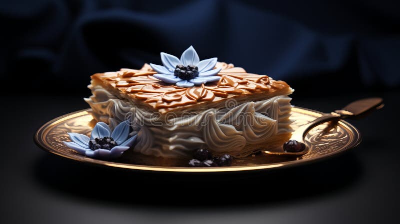 Hiperrealistyczne ciasto baklava z ozdobnymi szczegółami i niebieskim plasterkiem kwiatu sakura ilustracja wektor