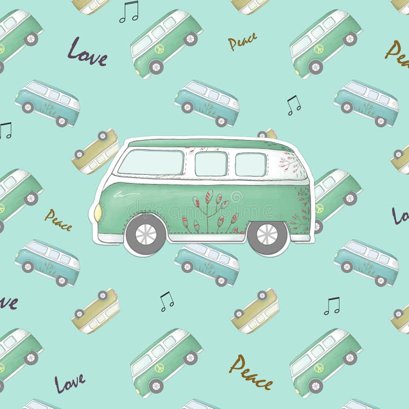Hipisa rocznika samochód mini Samochodu dostawczego Ozdobny tła muzyka z pisać chrzcielnicami i miłość pociągany ręcznie doodle t ilustracja wektor Hipisa rocznika samochód mini Samochodu dostawczego Ozdobny tła muzyka z pisać chrzcielnicami i miłość pociągany ręcznie doodle t ilustracja wektor