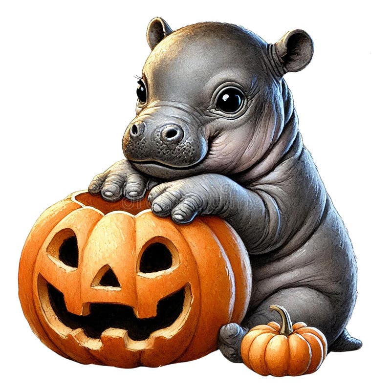 Hipopotam drăguț cu un dovleac alb de Halloween izolat fond royalty free illustration