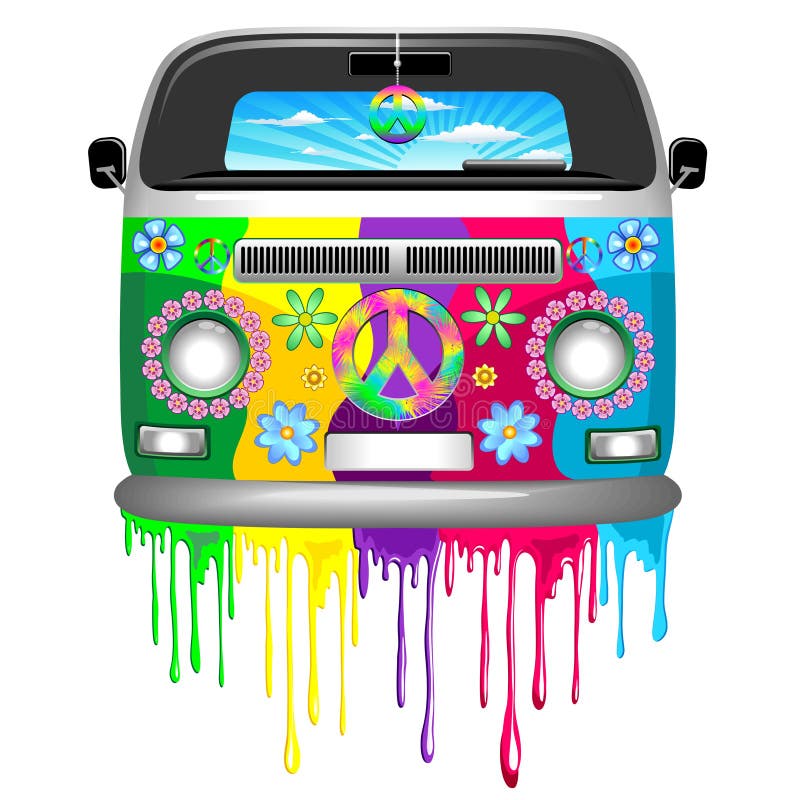 Hippie Bus with Dripping Rainbow Paint Groovy Retro Vechicle Vector Illustration