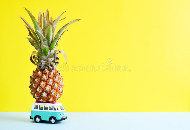 Hippie Bus with Mini Pineapple on the Roof Summer Time Concept stock photo Hippie Bus with Mini Pineapple on the Roof Summer Time Concept stock photo