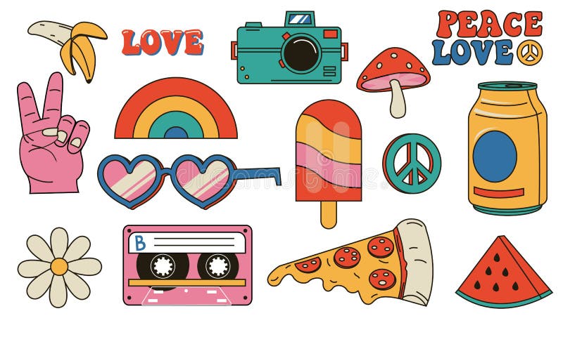 Retro Hippie Stickers Vintage Icons In 70s Style Psychedelic Funky Graphic  Elements Of Mushrooms Flowers Rainbow Music Ufo Rollers Isolated Symbols  Stock Illustration - Download Image Now - iStock