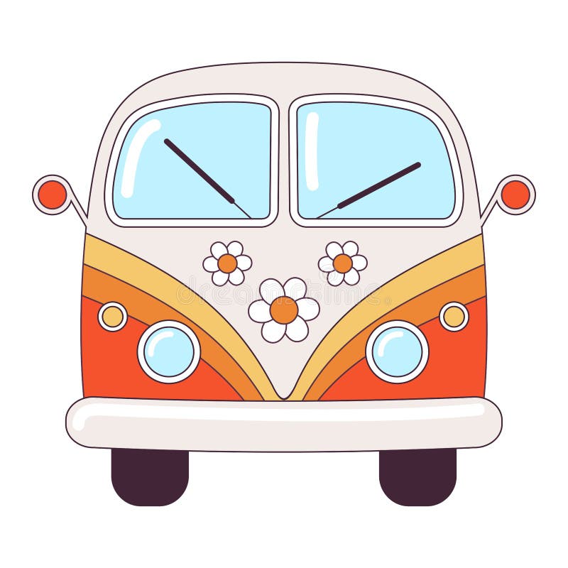 Hippie vintage orange car a mini van retro bus 1960s, 60s, 70s. Groovy Psychedelic cartoon element - funky illustration