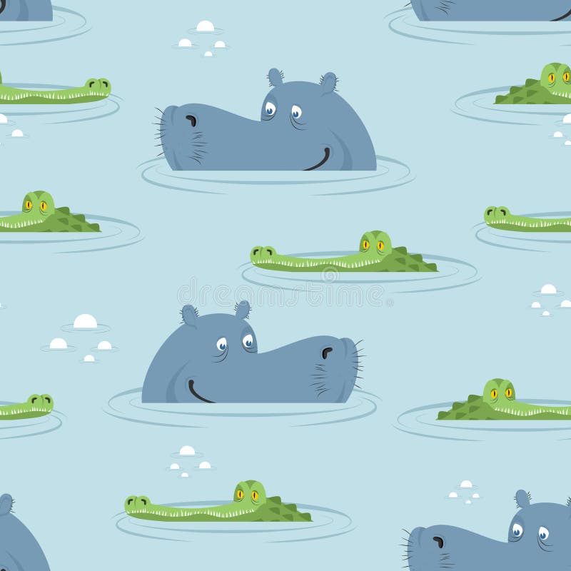 Hippo and crocodile in water seamless pattern.