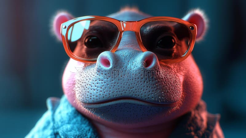 Hippo με γυαλιά ηλίου, δημιουργία ai. κοντινό πλάνο ενός χαριτωμένου ιπποπόταμου φορώντας πορτοκαλί γυαλιά ηλίου, κομψό και κομψό με μια χιουμοριστική και παιχνιδιάρικη έκφραση