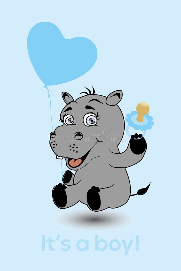 Hippopotamus as a baby with heart balloon, pacifier and text It`s a boy