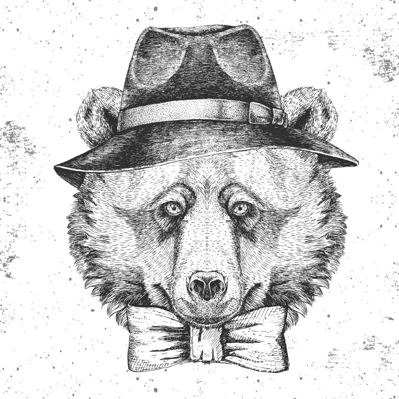 Hipster Animal Bear with Hat. Hand Drawing Muzzle of Bear Stock Vector ...