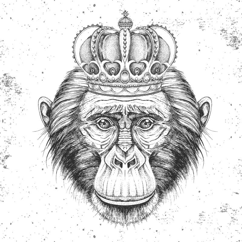 Hipster animal monkey in crown. Hand drawing Muzzle of chimpanzee stock illustration