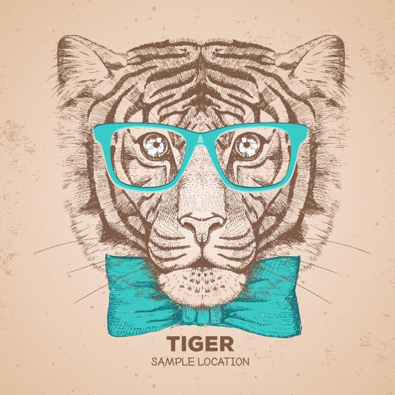 Hipster animal tiger. Hand drawing Muzzle of tiger royalty free illustration
