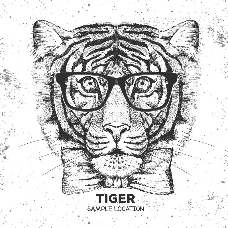 Hipster animal tiger. Hand drawing Muzzle of tiger stock illustration