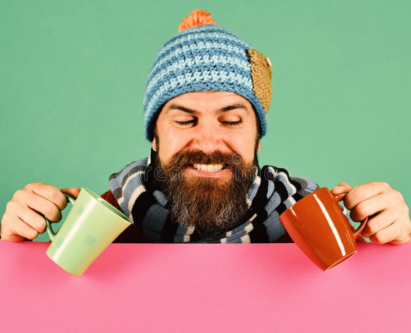 Hipster with Beard and Happy Face Has Tea or Coffee Stock Image - Image ...