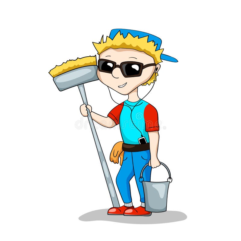 Hipster cleaner boy with music player, broom and basket. Young cleaner  character on white background