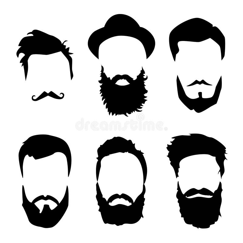 Hipster detailed hair and beards set. Fashion bearded man silhouette. Black beard on white background. Vector illustration. Hipster detailed hair and beards set. Fashion bearded man silhouette. Black beard on white background. Vector illustration