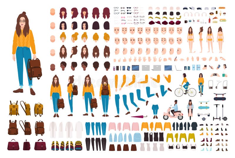 Hipster girl creation kit. Set of flat female cartoon character body parts, facial gestures, hairstyles, trendy clothing vector illustration Hipster girl creation kit. Set of flat female cartoon character body parts, facial gestures, hairstyles, trendy clothing vector illustration