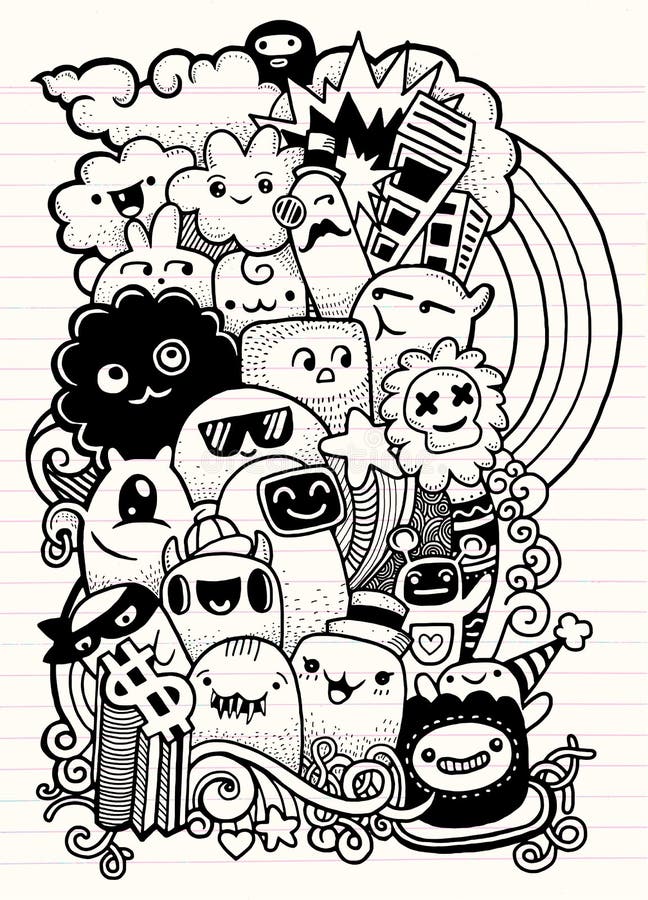 Hipster Hand Drawn Crazy Doodle Monster Group,drawing Style.Vector ...