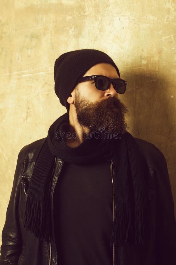 Hipster In Leather Jacket And Hat With Glasses Stock Image Image Of Bearded Brutal 127000747