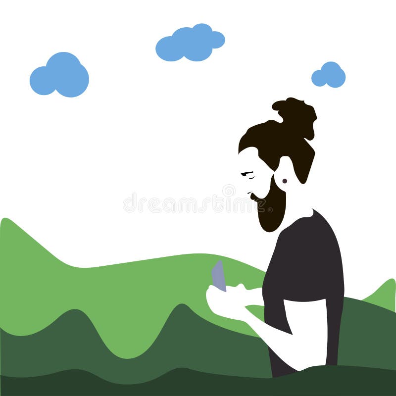 Hipster man with a beard, using a smartphone on the background of the Park. royalty free illustration Hipster man with a beard, using a smartphone on the background of the Park. royalty free illustration