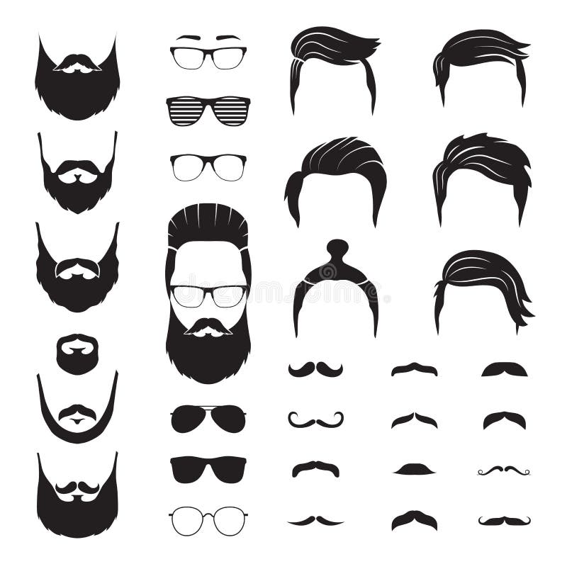 Hipster man. Male beard, mustache hair. Isolated man face with glasses. Fashion barber shop icons. Portrait constructor