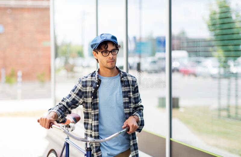 Hipster Man Walking with Fixed Gear Bike Stock Photo - Image of leisure ...