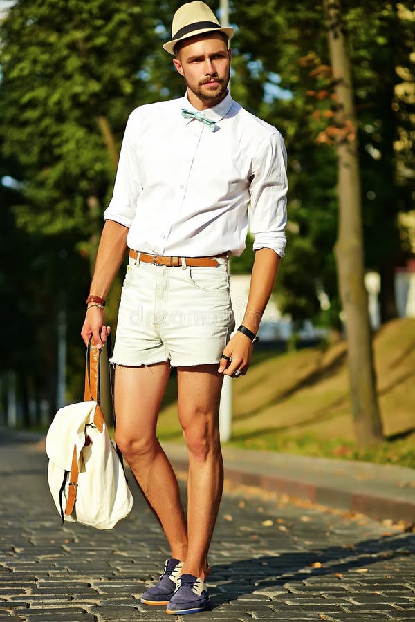 Hipster Model Man in Stylish Summer Clothes Posing on Street Background ...