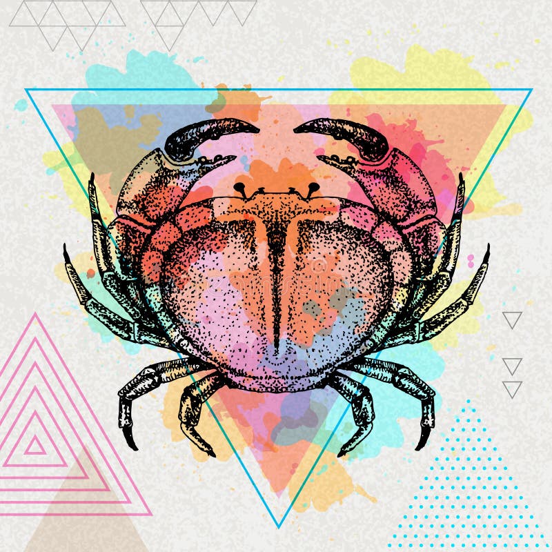 Hipster realistic crab illustration on artistic polygon watercolor background royalty free illustration