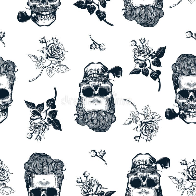 Hipster seamless pattern with skulls silhouettes, flowers roses. Sculls in vintage engraving style. Mustache, beard