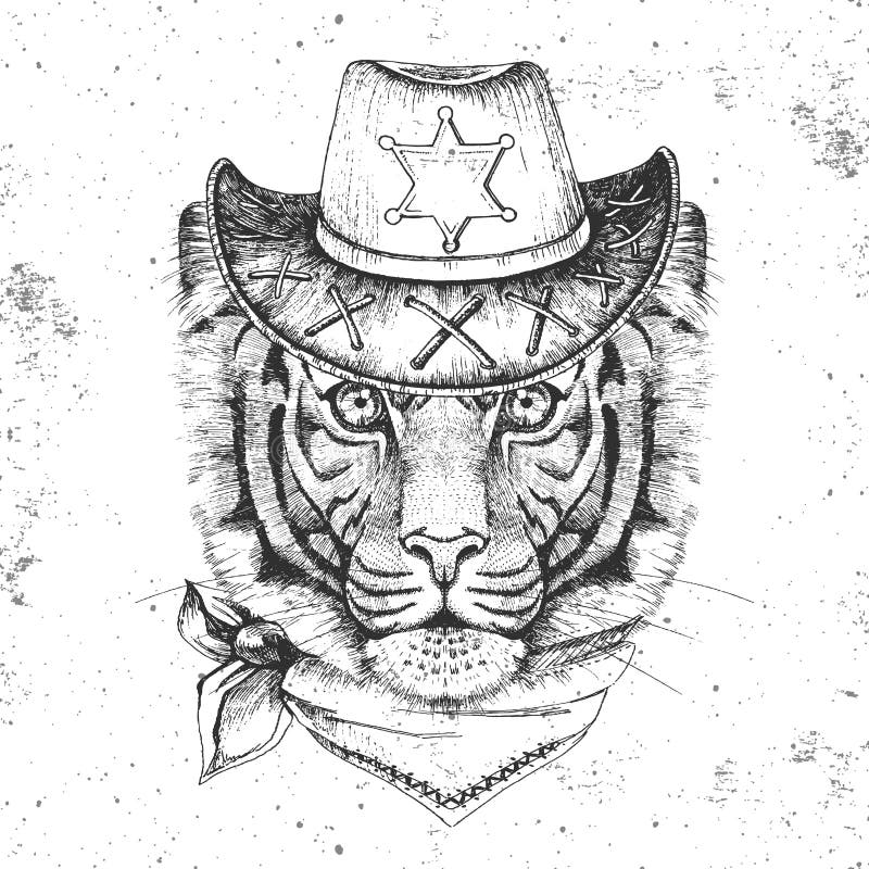 Hipster animal tiger. Hand drawing Muzzle of tiger royalty free illustration