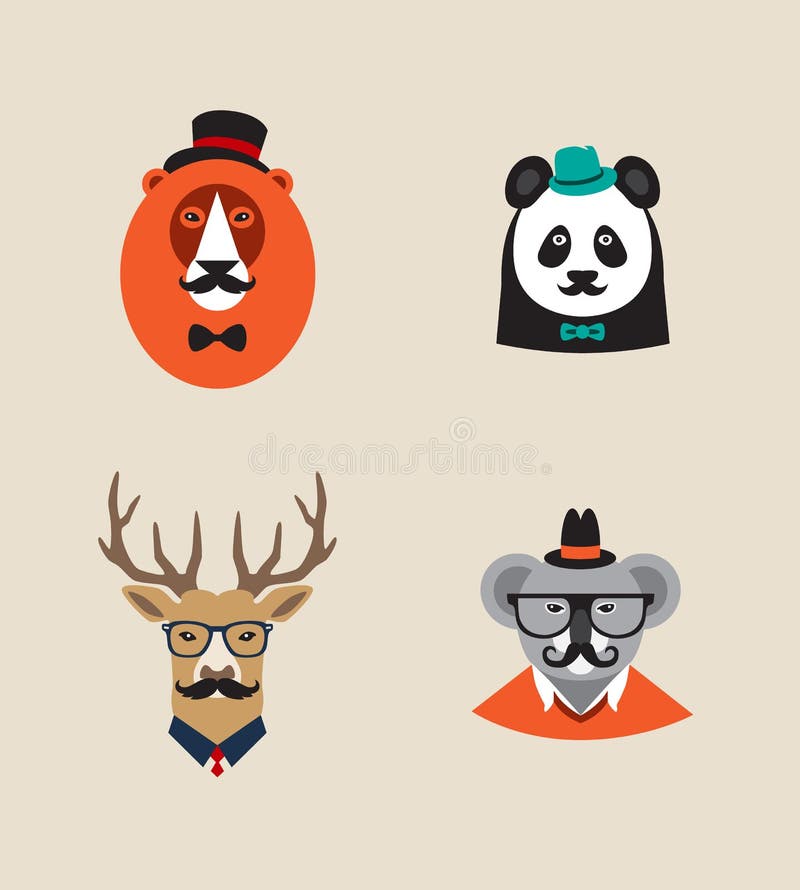 Hipsterdjuruppsättning av vektorsymboler Lejon panda stock illustrationer Hipsterdjuruppsättning av vektorsymboler Lejon panda stock illustrationer