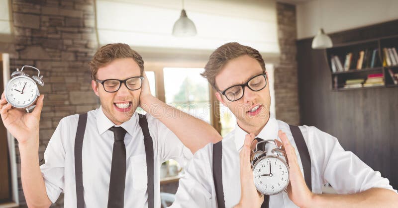 Digital composite of Hipster twins holding clocks in front of cafe. Digital composite of Hipster twins holding clocks in front of cafe