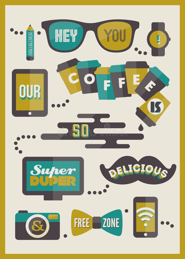 Hipsterkafémeny. Uppsättning av designbeståndsdelar royaltyfri illustrationer Hipsterkafémeny. Uppsättning av designbeståndsdelar royaltyfri illustrationer