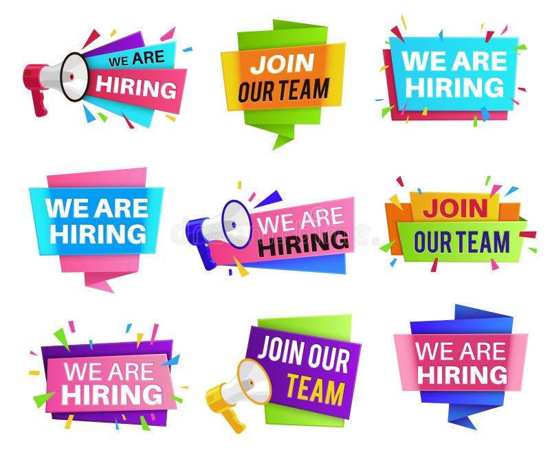 We are hiring labels. Join our team banners, announcement vacancy, creative recruiting offer flyer, help wanted stock illustration