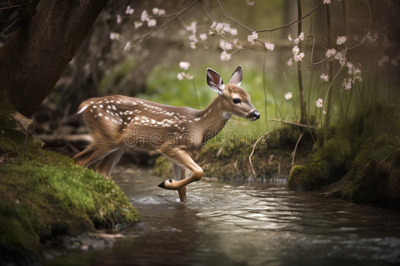 Hirsche, die durch einen Fluss mit weißen Blumen fließen. ai-generiertes Bild. Illustrations- und Clip-Kunst.