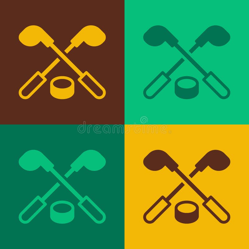 Pop art Ice hockey sticks and puck icon isolated on color background. Game start. Vector. Pop art Ice hockey sticks and puck icon isolated on color background. Game start. Vector.