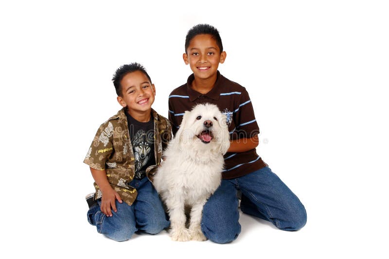 Hispanic Brothers With Their Dog on White royalty free stock images Hispanic Brothers With Their Dog on White royalty free stock images
