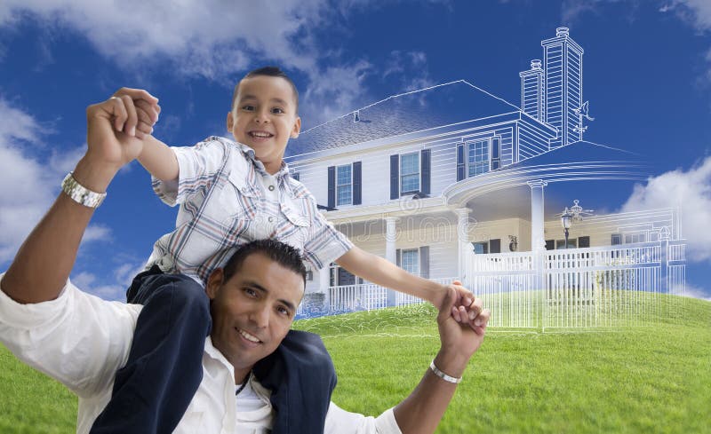 Hispanic Father and Son with Ghosted House Drawing Behind stock images Hispanic Father and Son with Ghosted House Drawing Behind stock images