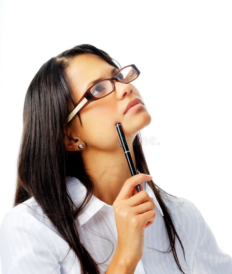 Hispanic woman with glasses thinking with pen