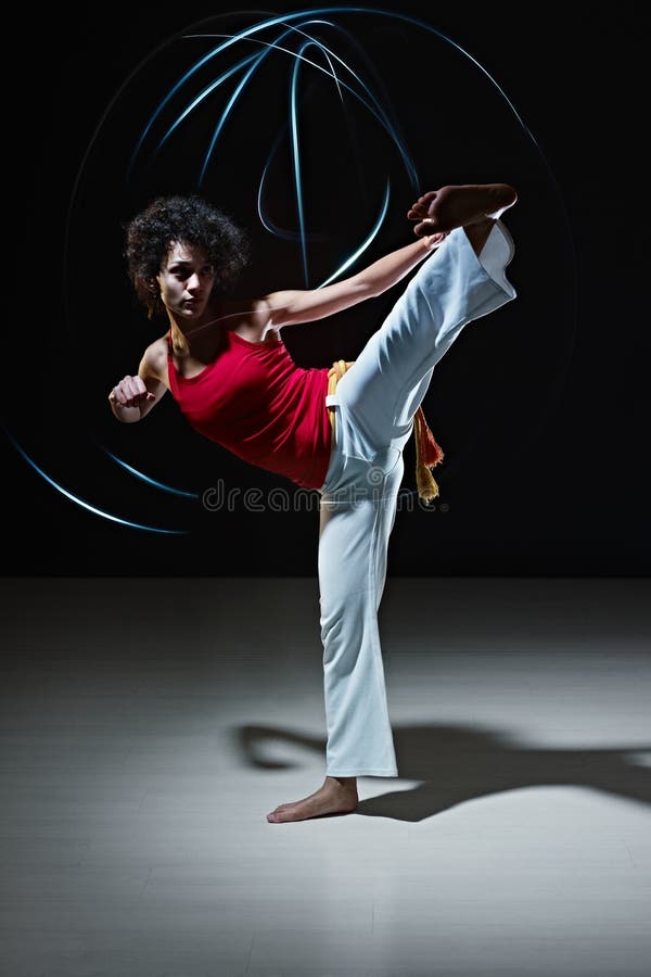 Hispanic Woman Playing Capoeira Martial Art Stock Image Image of barefoot, active 18492475