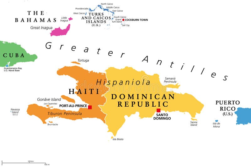 Hispaniola and surroundings,colored political map. Caribbean island divided into Haiti and Dominican Republic,part of Greater Antilles,next to Cuba,Bahamas,Puerto Rico,Turks and Caicos Islands. Hispaniola and surroundings,colored political map. Caribbean island divided into Haiti and Dominican Republic,part of Greater Antilles,next to Cuba,Bahamas,Puerto Rico,Turks and Caicos Islands.