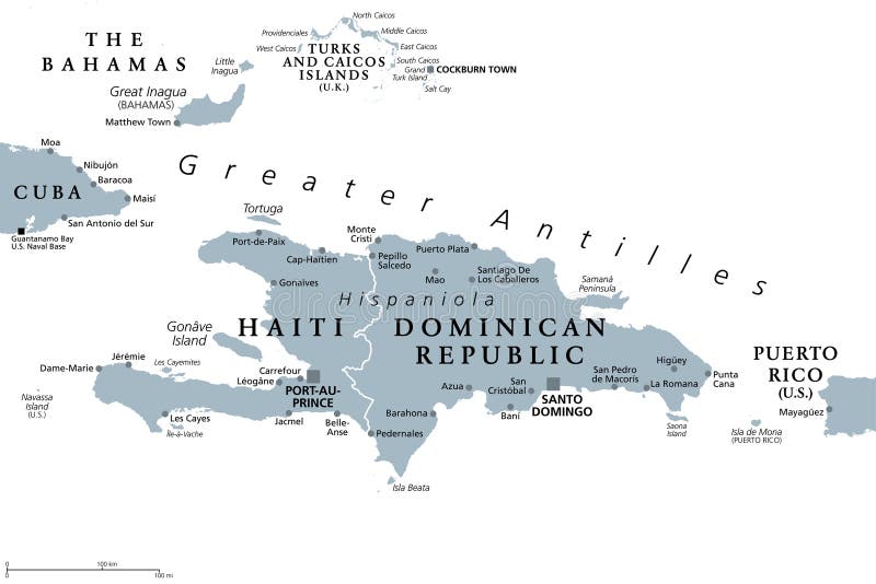 Hispaniola and surroundings,gray political map. Caribbean island divided into Haiti and Dominican Republic,part of Greater Antilles,next to Cuba,The Bahamas,Puerto Rico,Turks and Caicos Islands. Hispaniola and surroundings,gray political map. Caribbean island divided into Haiti and Dominican Republic,part of Greater Antilles,next to Cuba,The Bahamas,Puerto Rico,Turks and Caicos Islands.