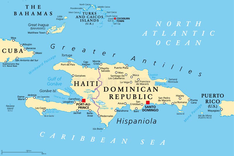 Hispaniola and surroundings, political map. Caribbean island, divided into Haiti and Dominican Republic, part of Greater Antilles, next to Cuba, The Bahamas, Puerto Rico, and Turks and Caicos Islands. Hispaniola and surroundings, political map. Caribbean island, divided into Haiti and Dominican Republic, part of Greater Antilles, next to Cuba, The Bahamas, Puerto Rico, and Turks and Caicos Islands.