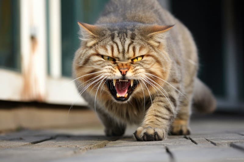 a hissing cat with arched back and raised fur